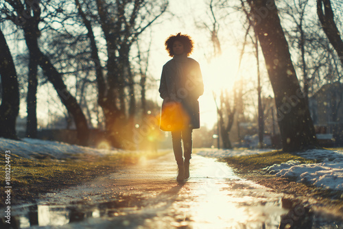 Woman walking along a melting snowy path on a sunny morning, symbolizing renewal and calm early spring freshness. Young black woman walking along path, sunlight reflecting, coat and scarf.