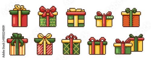 Pixel Christmas Gift Present Box game icon vector set. Retro computer 8 bit pixelated holiday elements