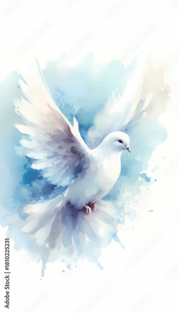 Obraz premium Watercolor painting of white dove in flight peace and freedom concept artistic bird illustration design