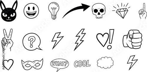 Collection of hand drawn doodle icons and symbols on white background