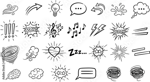Hand drawn doodle elements set with lightbulb speech bubbles and musical notes