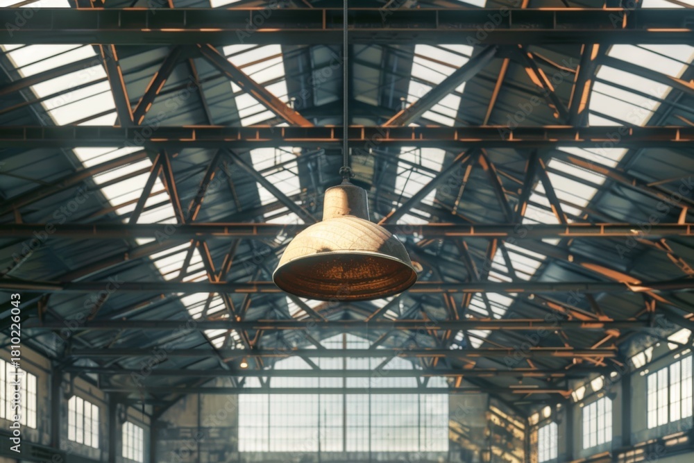 Fototapeta premium Industrial ceiling lamp hanging in a spacious warehouse