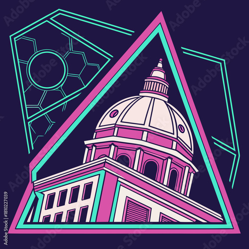 Futuristic Dome Building Vector in Neon Retro Vaporwave Style