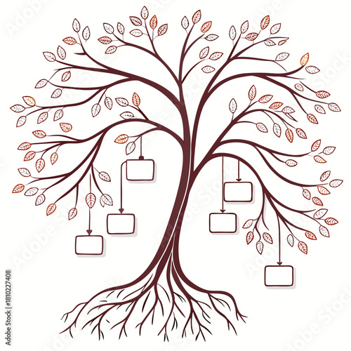 Family Tree or Genealogy Chart with Roots and Hanging Blank Tags | Organizational Structure Diagram Vector