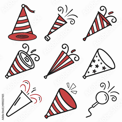 Set of Hand-Drawn Party Celebration Icons | Doodle Style Vector Collection of Party Hats, Horns, and Poppers