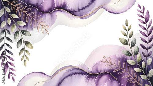 Elegant purple watercolor wave background with green leaves , Luxury abstract floral border with gold line art and sage accents , premium vector template: violet and green botanical frame , soft dream