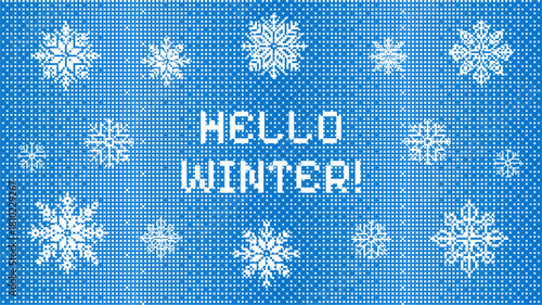 Winter Pixelated bitmap gradient background with snowflakes. Retro halftone computer game banner