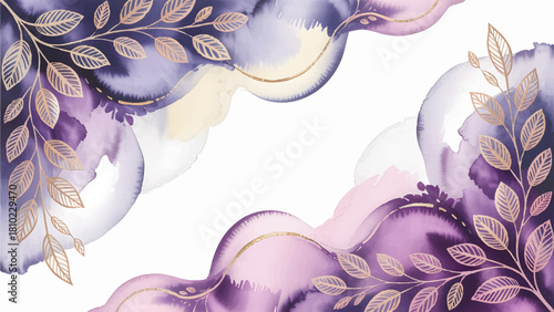 Luxury abstract watercolor background with gold botanical line art , Elegant violet and blush pink flowing liquid texture border , Premium hand-drawn golden leaves on dark purple watercolor splash 