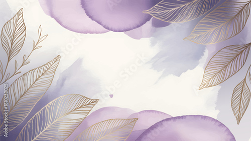 Light pastel watercolor background with golden leaf line art , Elegant lavender and gold botanical border vector illustration , Premium dreamy watercolor circle wash frame template , Soft lilac 