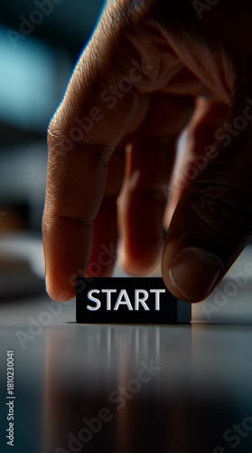 Hand finger pressing small black start block on reflective surface close up symbolizing initiation motivation focus determination action goal success
