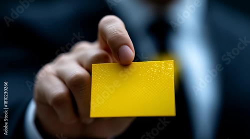 Close up of hand holding yellow card with sparkling texture and water droplets, vibrant business card close up by person with blurred background