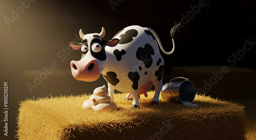 Funny Cartoon Cow with Spilled Cream on Hay Bale
A humorous, stylized 3D render of a black and white Holstein dairy cow standing on a large bale of hay in a dark barn