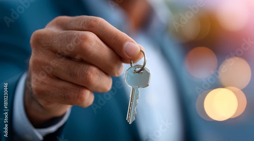 Hand holding metal key closeup with blurred background and warm light bokeh, symbolizing new opportunity and success, hopeful confident mood person