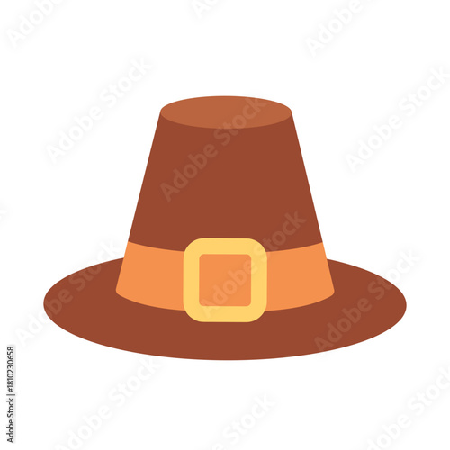 Cute cartoon pilgrim hat with wide brim and golden buckle. Illustration in warm, simple Thanksgiving style. For holiday, festive, kids, seasonal designs. Flat vector. Hand drawn. Isolated background.