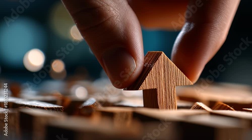 Wooden arrow piece pinched between fingers close up symbolizing growth and progress with blurred background lights creating hopeful atmosphere