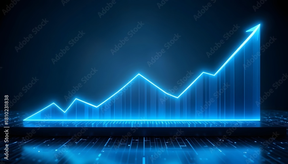 Fototapeta premium Futuristic neon stock chart rising with glowing arrows 