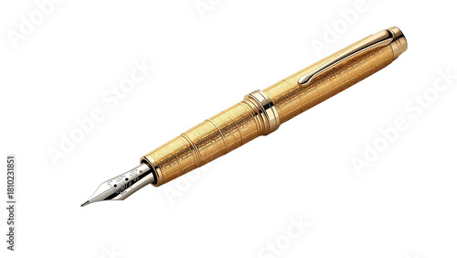 Golden fountain pen with metallic highlights, png, isolated on transparent background, perfect for design and marketing