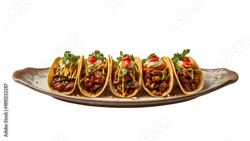 Variation of Mexican tacos served on a plate, png, isolated on transparent background, perfect for food marketing and advertising