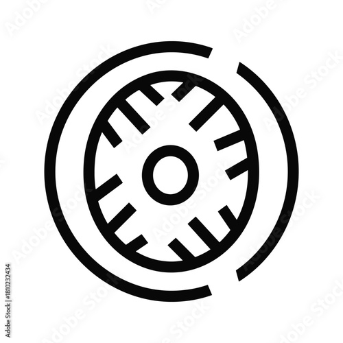 Stylized circular object with spokes and an outer ring representing a wheel or gear icon