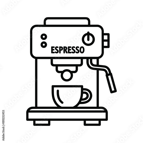 Simple line art illustration of a modern espresso machine brewing coffee into a cup