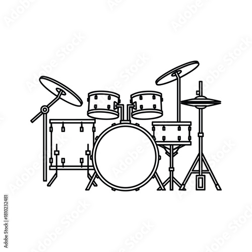 Line art illustration of a complete drum kit with cymbals and stands on a white background