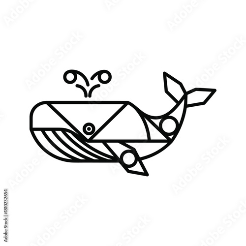 Geometric stylized whale illustration with water spout and abstract shapes