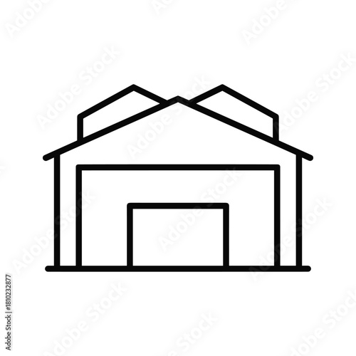 Simple outline icon of a large industrial warehouse building with double doors