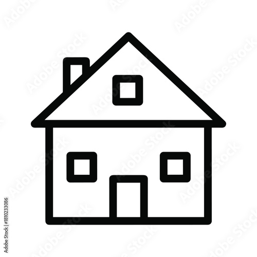 Simple black line art icon of a detached house with a pitched roof and windows