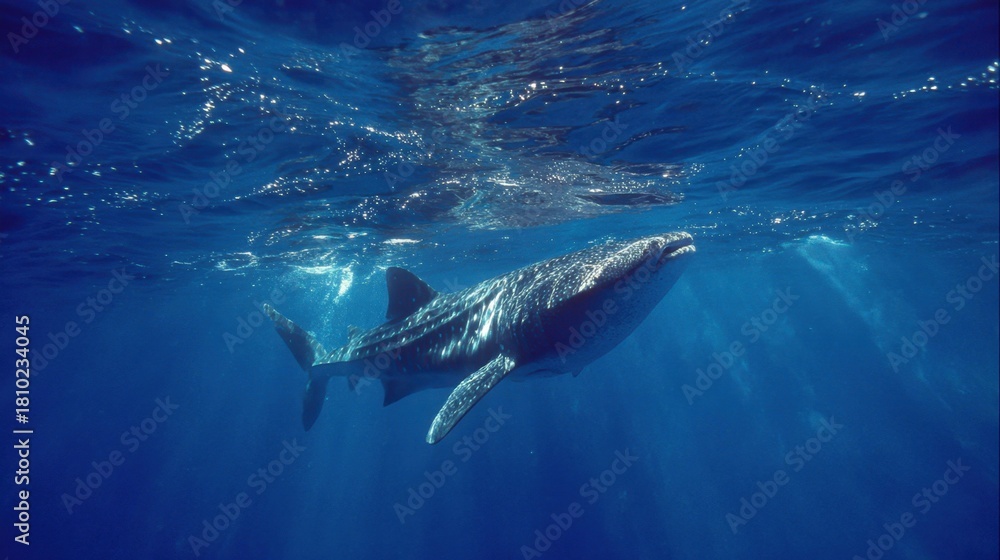 Fototapeta premium A whale shark swims peacefully in vibrant blue water basking in sunlight beams.