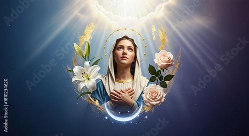 Blessed Virgin Mary, pure maiden, gazes toward radiant heavenly light, her divine halo shines. White lilies, soft roses, and crescent moon adorn her holy image. A celebration of Immaculate Conception.