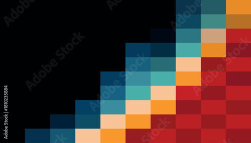 Abstract geometric pattern of colorful squares ascending diagonally on a black background