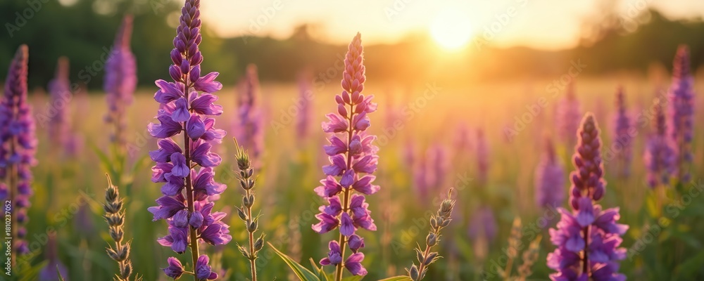Obraz premium Purple wild flowers grow profusely in sunny meadow. Lilac Ivan-tea Epilobium plants blossom in field at golden hour. Warm sun light illuminates healthy herbal tea ingredients, showing tranquil summer