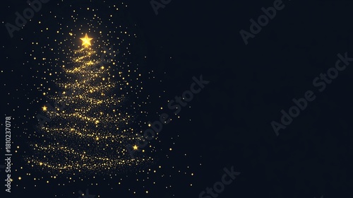 Sparkling golden Christmas tree silhouette with glowing star on dark background, perfect for festive holiday greetings and elegant celebrations.