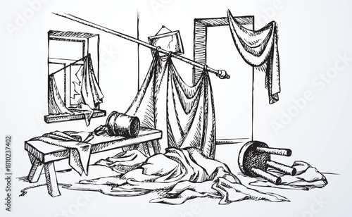 Vector drawing. Cluttered room view.