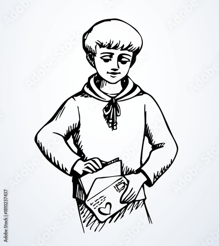 Vector drawing. A boy sends a letter in an envelope