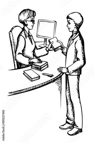 Vector drawing. Young boy and woman receptionist