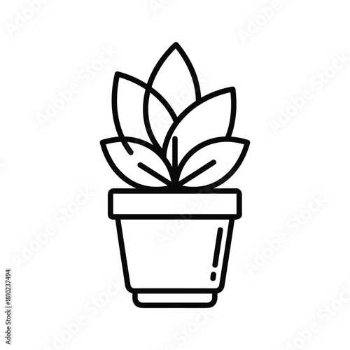 Simple outline illustration of a potted plant with green leaves in a terracotta pot
