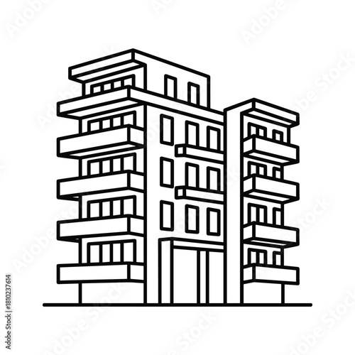 Modern apartment building with balconies hand drawn sketch style