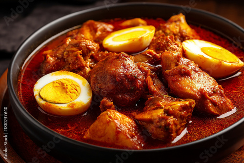 A close-up of Doro Wot (spicy chicken stew), rich and deeply flavored, with abstract chunks of chicken and hard-boiled eggs.