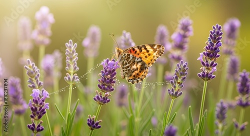 Fototapeta Naklejka Na Ścianę i Meble -  Vibrant butterfly perched on lavender flower in serene field. Patterned wings in orange, black, and white beautifully contrast the purple blossoms, creating a tranquil natural scene.