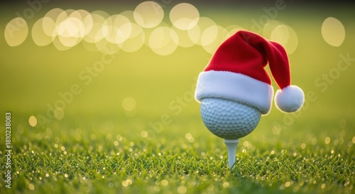 A golf ball wearing a festive Santa Claus hat is placed on a tee against a blurred green grass background with shimmering bokeh effect, suggesting a fun and playful holiday golfing scene.