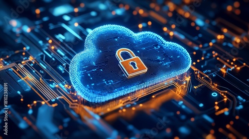 Secure your digital world with this vibrant, glowing cloud icon featuring a prominent padlock, symbolizing robust data protection and advanced cybersecurity on a futuristic circuit board.