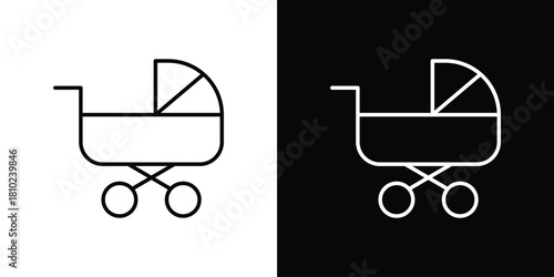 Baby carriage icons pack. Set of black and white liner stroke symbols