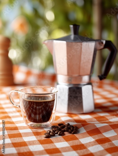 A cup of coffee and beans, coffee maker with bokeh on background