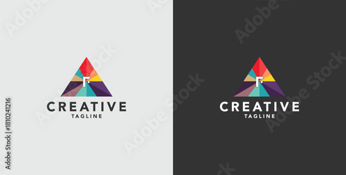 Digital colorful abstract icons, elements and symbols with initial F logo, template