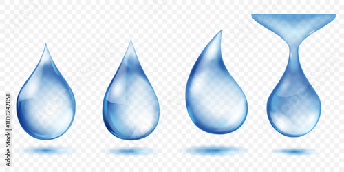 Set of drops of blue water, with detailed highlights and gradients for a 3D effect, set against a transparent background with subtle shadow reflections below. Transparency only in vector format.