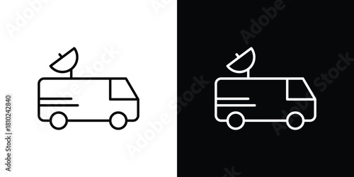 Broadcast van icons pack. Set of black and white liner stroke symbols