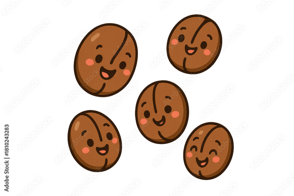 Obraz premium Happy coffee bean cartoon characters smiling, cute brown kawaii caffeine food beans with transparent background