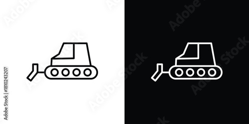 Bulldozer icons pack. Set of black and white liner stroke symbols