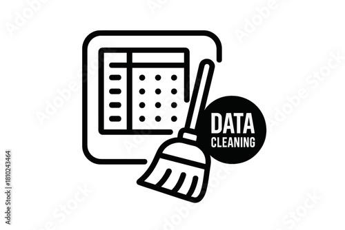Broom sweeping spreadsheet graphic symbolizing data cleaning and optimization process